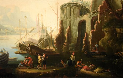 Paysage côtier avec port et ruines
